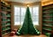 A Christmas Tree Made Of Stacked Green Books, In A Cozy Library Corner. Generative AI