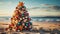 Christmas Tree Made of Starfish and Seashell Ornaments On The Ocean Shore Beach Sand - Generative AI