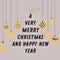 Christmas tree made from text. Decorative yellow balls hanging around it. Vector illustration on grey background. A Very Merry Chr