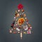 Christmas tree made with various Christmas food nd candies, cookies , mulled wine, gingerbread man decorated with gift box and po