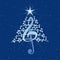 Christmas tree made of white musical notes, treble clef and pentagram on blue background with stars