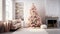 Christmas tree in a minimalist interior, Beautifully decorated with peach and gold decorations, a large cozy chair