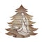 Christmas tree nativity scene with holy family on wood. Pyrography technical engraving