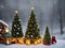 A Christmas tree in new year decorations. Garlands and bokeh burning candle.