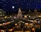 Christmas tree night starry sky in Tallinn market place panorama , full moonlight  city town Hall Square Illuminated blurred  lig