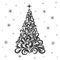 Christmas tree from an ornament. New Year card. Congratulation. Celebration. Winter. Snowflakes. Star. Tattoo. Circuit. Silhouette