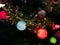 Christmas tree ornaments, colorful light balls on Christmas tree