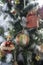Christmas tree ornaments defocused lights background