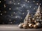 A christmas tree with ornaments and presents in front of a grey wall. Copy space, place for text