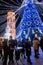 Christmas tree and people at Christmas market with decoration at Cathedral Square in Vilnius, Lithuania