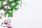 Christmas tree with pink decorations border, copy space