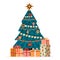 Christmas tree with presents. Decorated pine with gift boxes, cartoon fir with light balls garlands star, merry xmas
