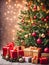 Christmas tree with presents and decorations on the wooden floor.