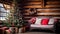 Christmas tree with presents in the interior of a wooden house. Christmas background