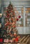 Christmas tree with red and gold decorations in the room, gifts under the tree, bookcase, interior