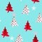 Christmas tree red,maroon,white with red dot and star seamless pattern on blue color background.Artwork minimal illustration paste