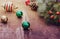 Christmas tree with retro decorations on rustic wooden boards, vintage toned seasonal background