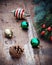 Christmas tree with retro decorations on rustic wooden boards, vintage toned seasonal background