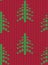 Christmas tree seamless knitted pattern. Green pixel images with red background.