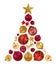 Christmas tree shape from decorative balls, bows and star on white