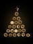 Christmas tree shape made with flying golden Bitcoins on black background. Creative cryptocurrency investment or blockchain digita