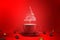 Christmas tree shape of steaming coffee cup and christmas ball on floor on a red background. Copy Space