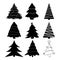 Christmas tree silhouettes set. Black pines icon for xmas card or invitation. Symbol of december. Collection of pine shapes design