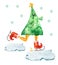 Christmas tree skating on ice floes watercolor illustration