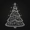 Christmas Tree Sketch Icon, Hand Drawn Xmas Tree Doodle on Black Chalkboard Background, New Year