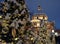 Christmas tree in snow and Christmas decorations