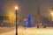 Christmas tree in the snow on the Dome Square in Riga
