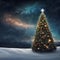 a christmas tree in the snow with a star on top generativeAi