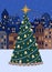 Christmas tree on snow street in winter. Decorated holiday fir on old town square. Xmas firtree with festive ornament