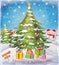 Christmas tree and Snowflake in snow with gifts winter celebration postcard