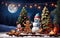 christmas tree and snowman on the full moon night with illustration of Christmas gingerbreads