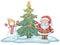 Christmas tree with a snowman and Santa Claus. Illustration for the New Year. The tree is decorated with a garland, bows