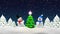 Christmas tree and snowman in winter forest snowy night scene