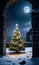 A Christmas Tree In A Snowy Ruin, Illuminated By Moonlight. Generative AI