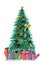 Christmas tree with some gift at bottom and golden star candy ribbon red bow chimes