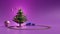 Christmas tree stage podium and ornaments, steam train transport toy isolated on purple or violet background. Christmas banner,