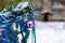 Christmas tree stands decorated with balloons, garlands and tinsel in a snowdrift on the street in the Russian city in the courtya