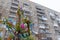 A Christmas tree stands decorated with garlands and tinsel in a Russian city in the courtyard of a residential apartment building