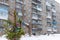 A Christmas tree stands decorated with garlands and tinsel in a snowdrift on a street in a Russian city in the courtyard