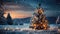 A Christmas tree stands in snowy forest under cloudfilled sky