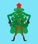 Christmas tree superhero. Super Fir in mask and raincoat. Xmas and New Year vector illustration