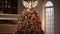 Christmas tree topper Christmas angel decoration element. sits atop the Christmas tree, illuminated by surrounding lights