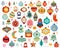 Christmas tree toys and xmas decoration. Different shapes new year decor in retro flat cartoon style. Christmas symbols