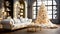 Christmas tree with and white decorated and gift boxes in cozy living room interior