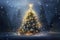 Christmas tree in winter forest with lights and snowflakes, Christmas Tree With Baubles And Blurred Shiny Lights