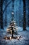 Christmas tree in winter forest at night, with decoration for New Year\\\'s holidays, dark, snow, winter season